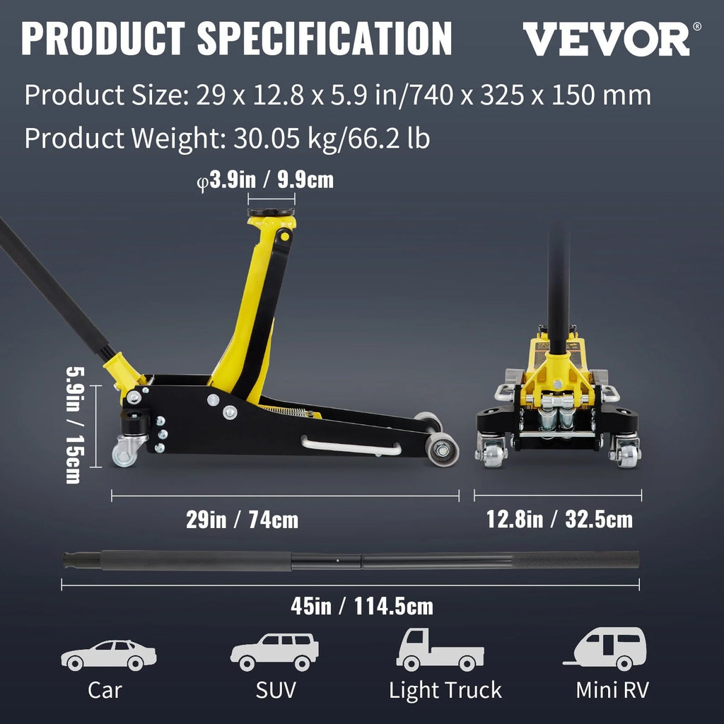 BENTISM Low Profile Floor Jack 3 ton (6600 lbs), Aluminum and Steel Hydraulic Racing Floor Jack, Dual Piston Quick Lift Pump, 19-11/16-3-6/11 Height Lifting Range, Yellow+Black