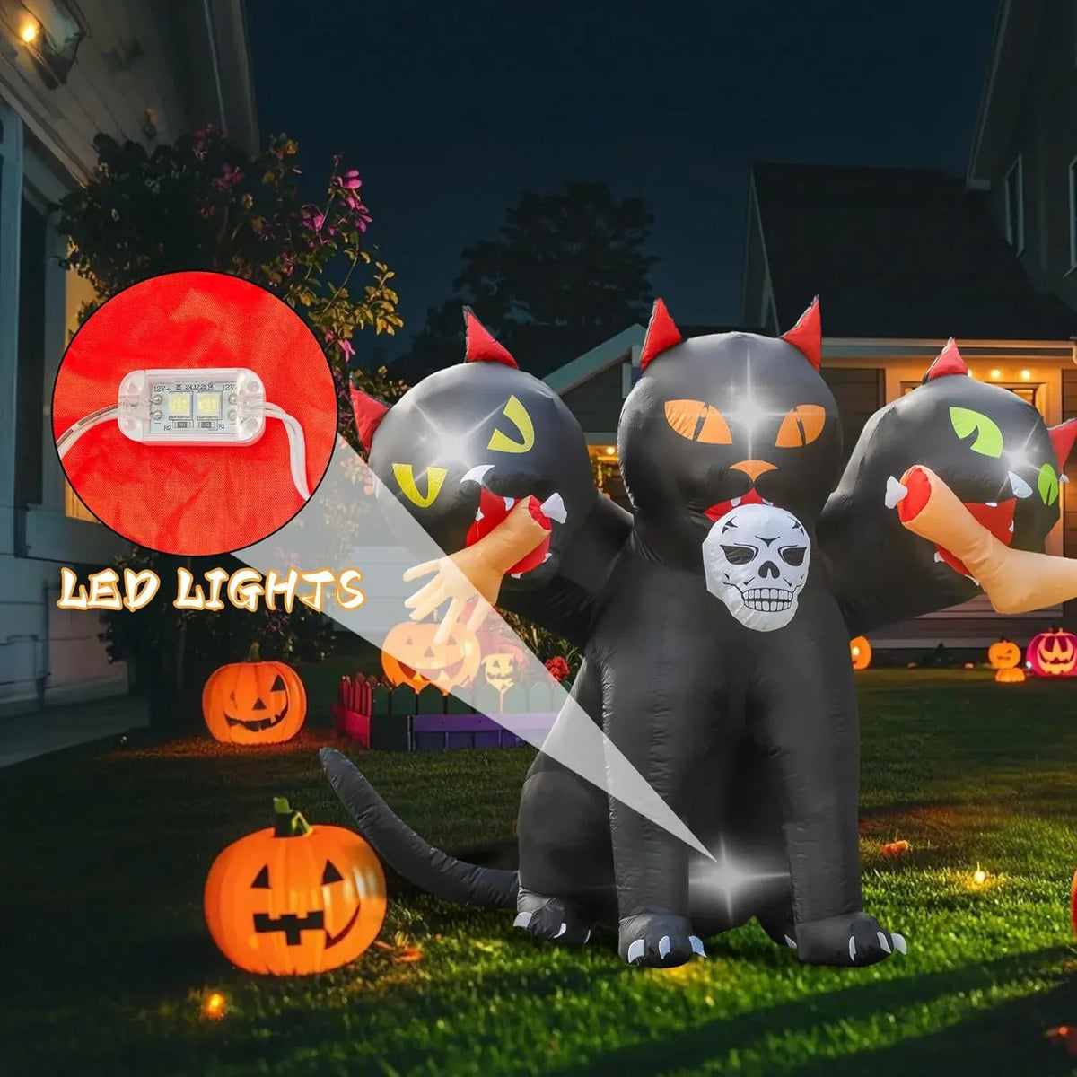 6.5 FT Halloween Inflatables Outdoor Black Cat with 3 Heads,Blow Up Yard Decoration with Magic Built-in LED Lights for Halloween Party Outdoor Yard Garden