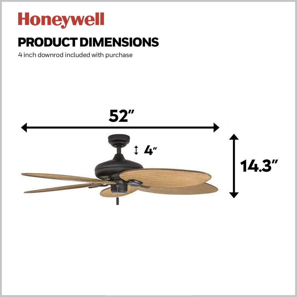 Honeywell Palm Valley 52 Bronze Tropical Ceiling Fan with 5 Palm Blades, 4 Arm Light Kit, Pull Chains & Reverse Airflow