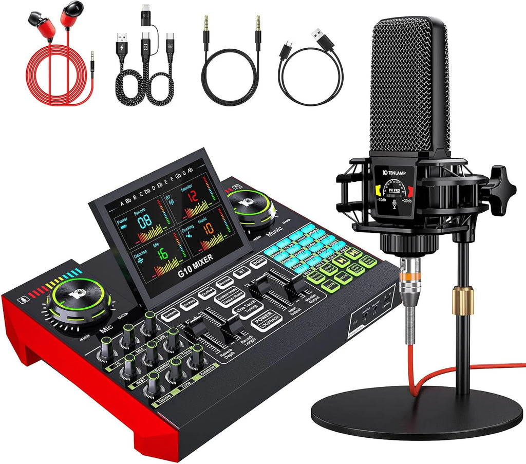 Podcast Equipment Bundle,with 3.5mm Condenser Microphone & Live Sound Card - Audio Mixer for Streaming, PC/Mobile Live Singing, Gaming Content Creators, Soundboard with USB Computer Interface