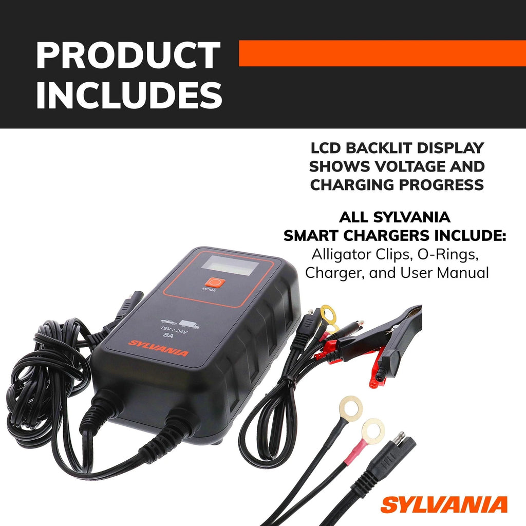 SYLVANIA - Smart Charger - Heavy-Duty, Portable Car Battery Charger - Make Charging Your Car Battery Easy - Use as Battery Maintainer & Charger - 12V or 24V Voltage Output - 8 AMP