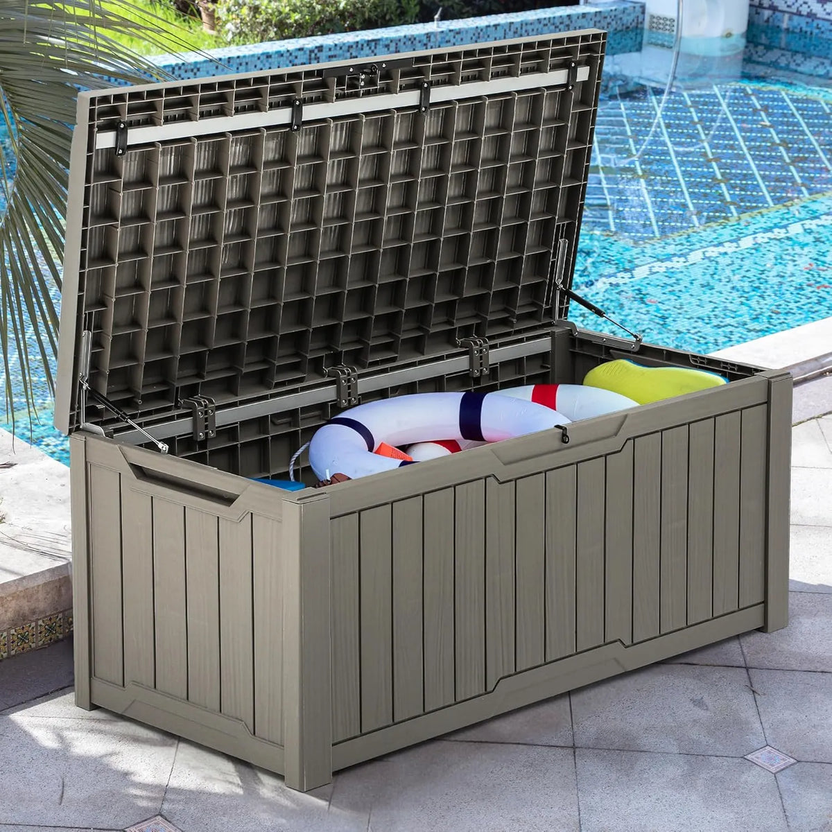 120 Gallon Outdoor Storage Deck Box with Cushion, Large Resin Patio Storage for Outdoor Pillows, Garden Tools and Pool-Supplies, Waterproof, Lockable (Taupe)