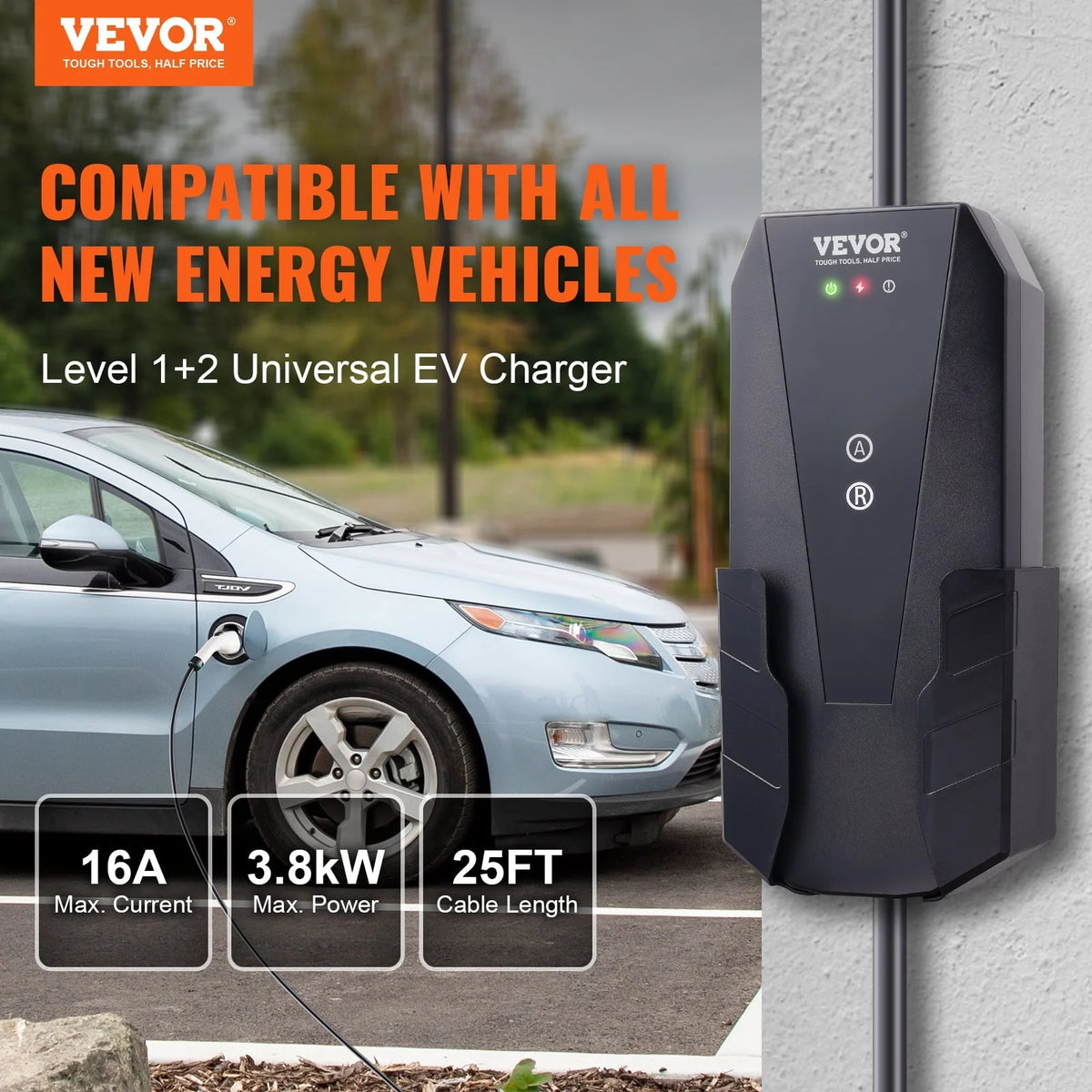 BENTISM Level 1&2 Portable EV Charger (AC 120V, 16A) EV Car Charging Cable, IP66, NEMA 6-20P/5-15P 28 ft for Universal SAE J1772