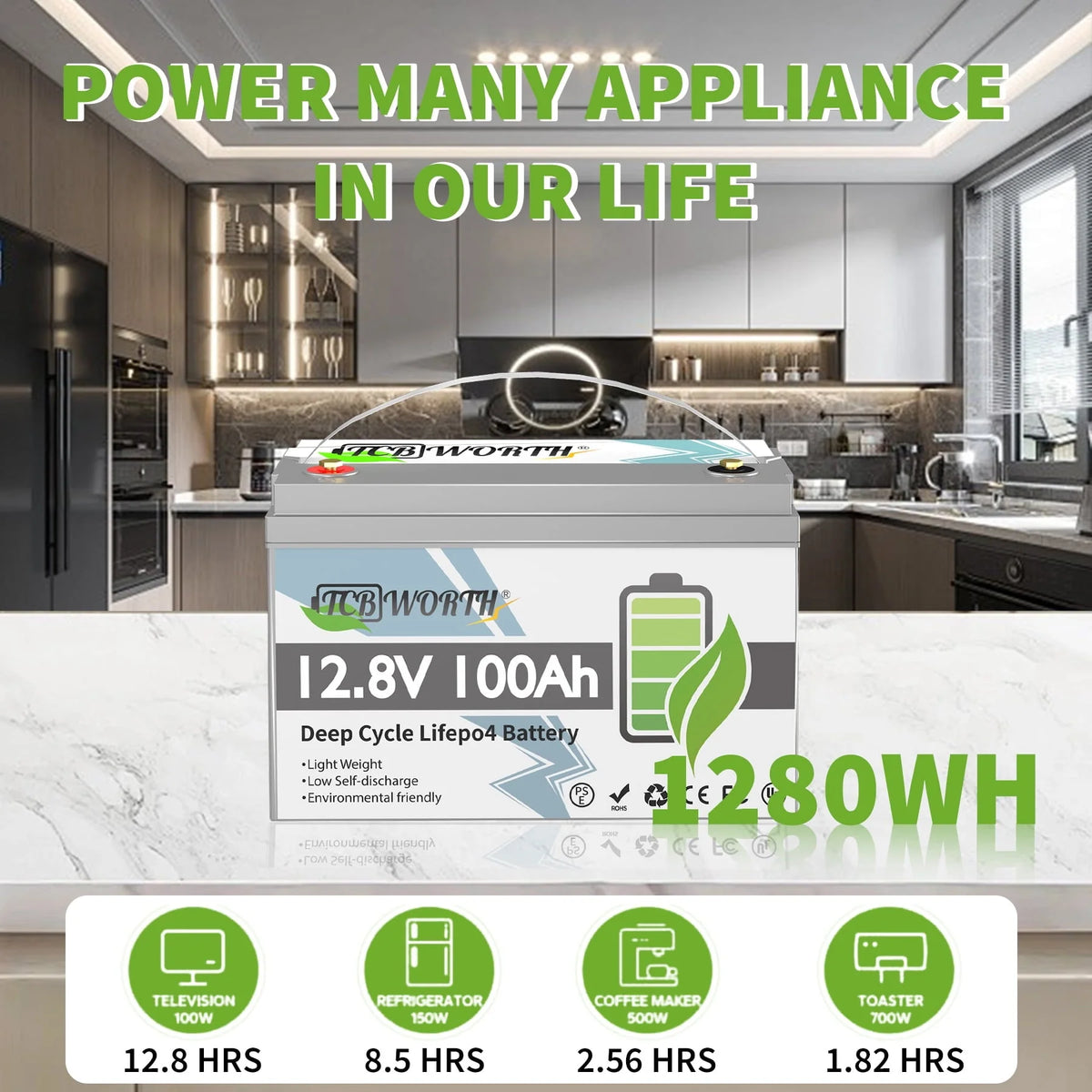 LiFePO4 Battery 12V 100Ah with 10A Charger,TCBWORTH Battery,100A BMS,10000+Cycles, for RV,Solar