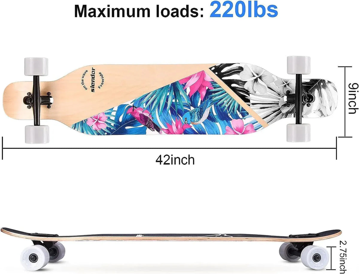 Slendor Longboard Skateboard 42 inch Drop Through Deck Complete Maple Cruiser Freestyle, Camber Concave