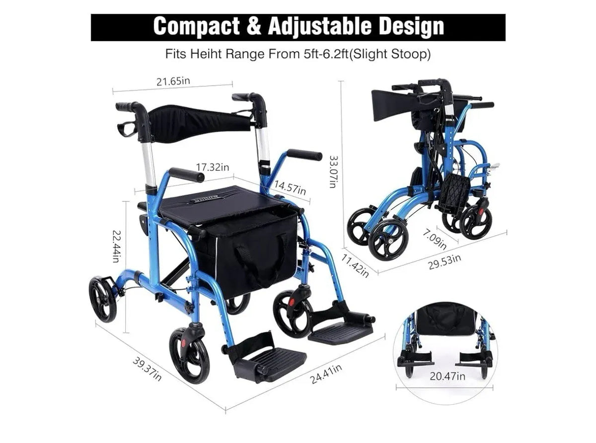 2 In 1 Rollator Walker For Seniors And Medical Transport Chair With Padded Seat