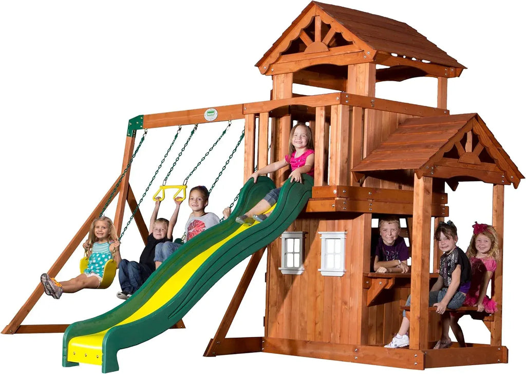 Backyard Discovery Tanglewood Cedar Wood Swing Set with Wave Slide, Clubhouse, Playhouse, Covered Snack Bar Window, Bench, Rock Wall Ladder, Belt Swings, Trapeze, Porch, Step Ladder, Outdoor Playset