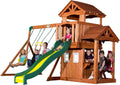 Backyard Discovery Tanglewood Cedar Wood Swing Set with Wave Slide, Clubhouse, Playhouse, Covered Snack Bar Window, Bench, Rock Wall Ladder, Belt Swings, Trapeze, Porch, Step Ladder, Outdoor Playset