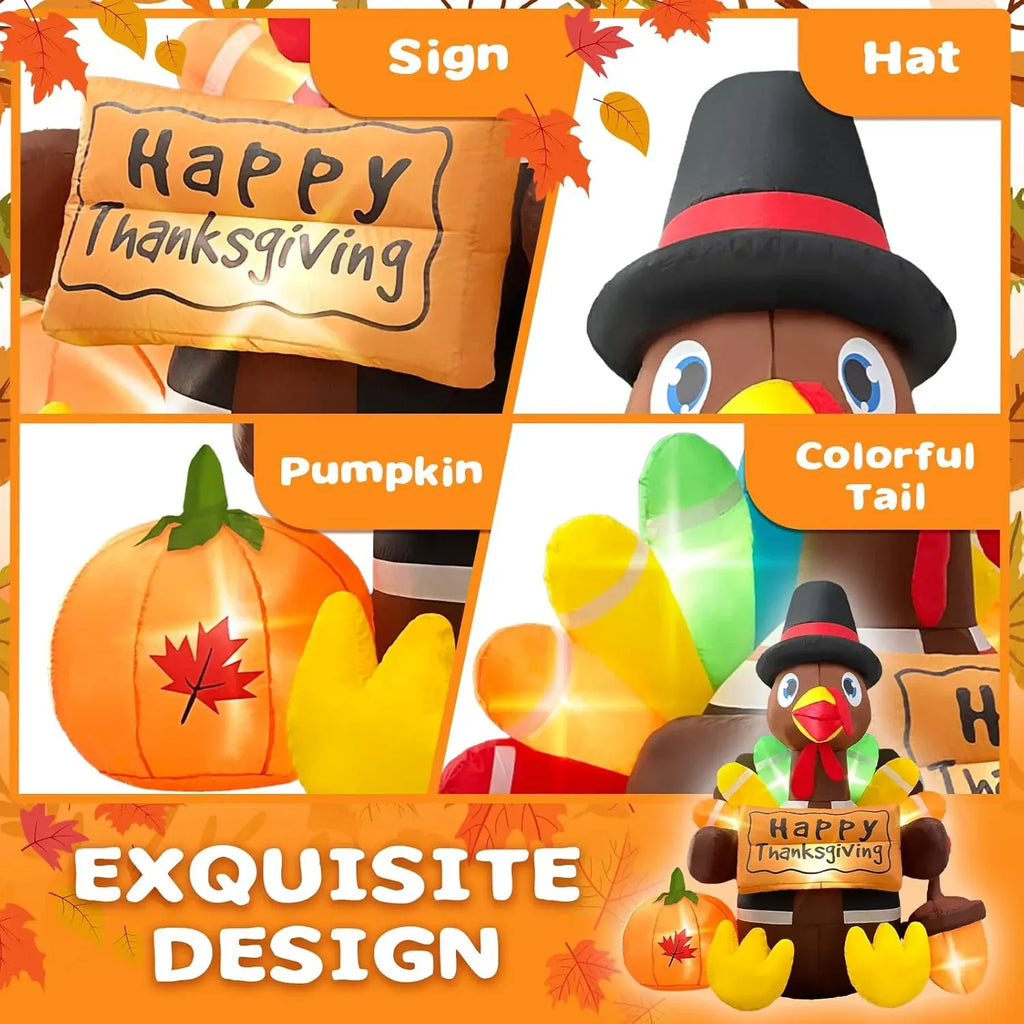 6FT Thanksgiving Inflatables Turkey Blow Up with Built-in Led Lights for Outdoor Holiday Yard Lawn Air-Blown Decorations