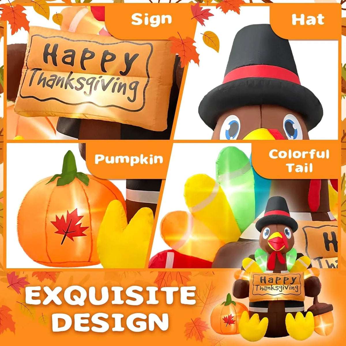 6FT Thanksgiving Inflatables Turkey Blow Up with Built-in Led Lights for Outdoor Holiday Yard Lawn Air-Blown Decorations