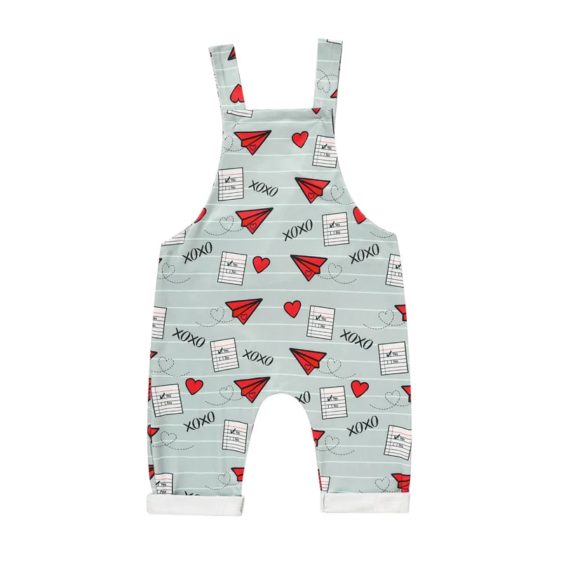 Baby Boy Girl's Casual Heart & Paper Plane Print Overalls, Adjustable Strap Romper For Spring Fall