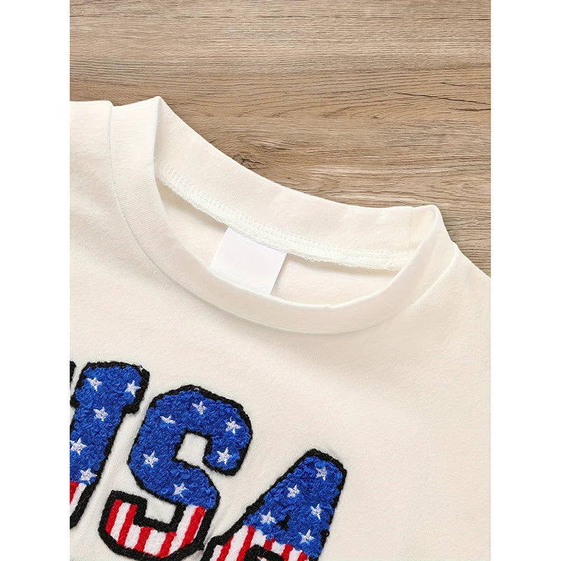 Infant Baby Boy 4th Of July Outfit Set USA Letter Print Color Block T-Shirt & Shorts For Independence Day Celebration