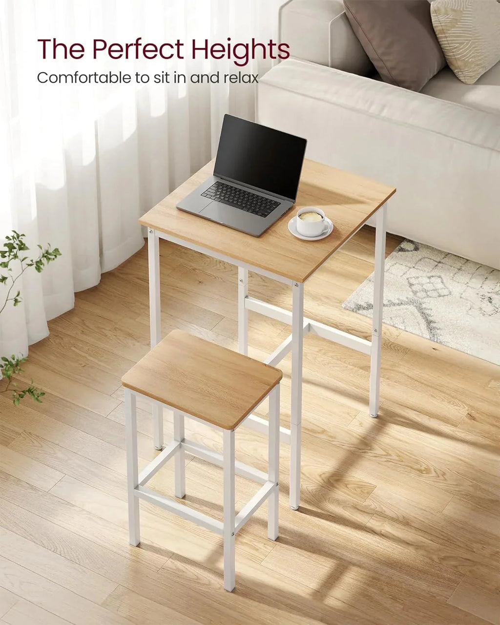 Bar Table and Chairs Set, Square Bar Table with 2 Bar Stools, Dining Pub Bar Table Set for 2, Space Saving for Kitchen Breakfast, Living Room, Party Room, Golden Oak and Cloud White