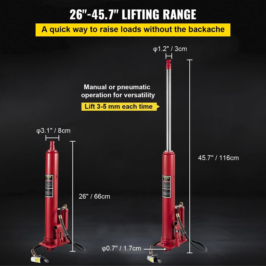 VEVOR Hydraulic / Pneumatic Long Ram Jack, 8 Tons/17363 lbs Capacity, with Single Piston Pump and Clevis Base, Manual Cherry Picker w/Handle, for Garage/Shop Cranes, Engine Lift Hoist, Red