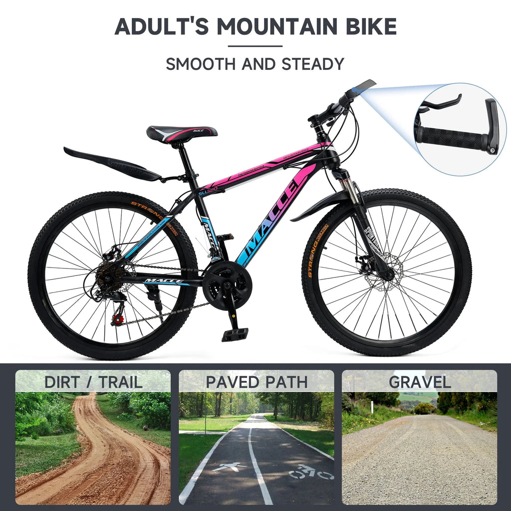 ARTUDATECH 24 26 27.5 Inch Mountain Bike, 24 Speeds with V/Disc Brakes High-Carbon Steel Frame Mens Womens Mountain Bike, Front Suspension MTB Bicycle for Adult & Teenagers