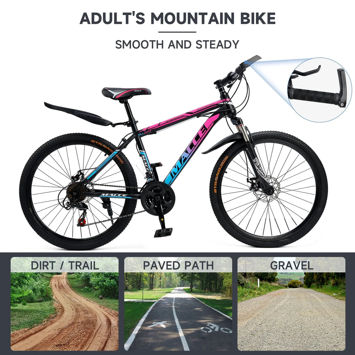 ARTUDATECH 24 26 27.5 Inch Mountain Bike, 24 Speeds with V/Disc Brakes High-Carbon Steel Frame Mens Womens Mountain Bike, Front Suspension MTB Bicycle for Adult & Teenagers