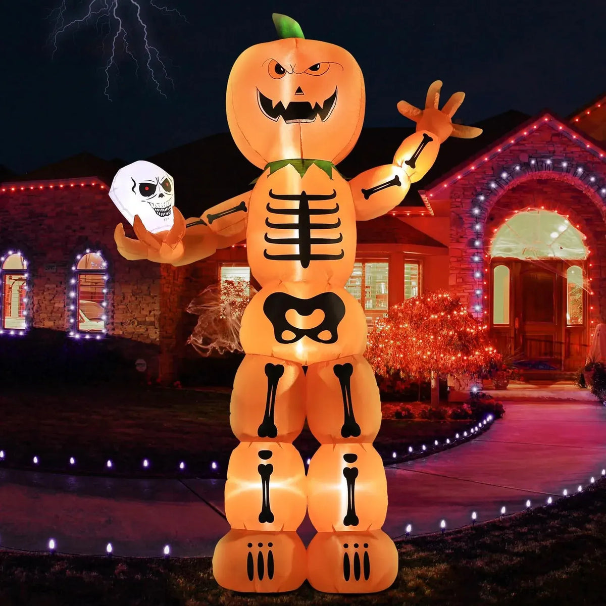 DomKom Halloween Inflatable Blow Up Decorations, 8FT Giant Skeleton Stacked Pumpkin Man Holding Skull, Built-in LEDs for Holiday Party, Garden, Lawn, Yard, Patio Décor