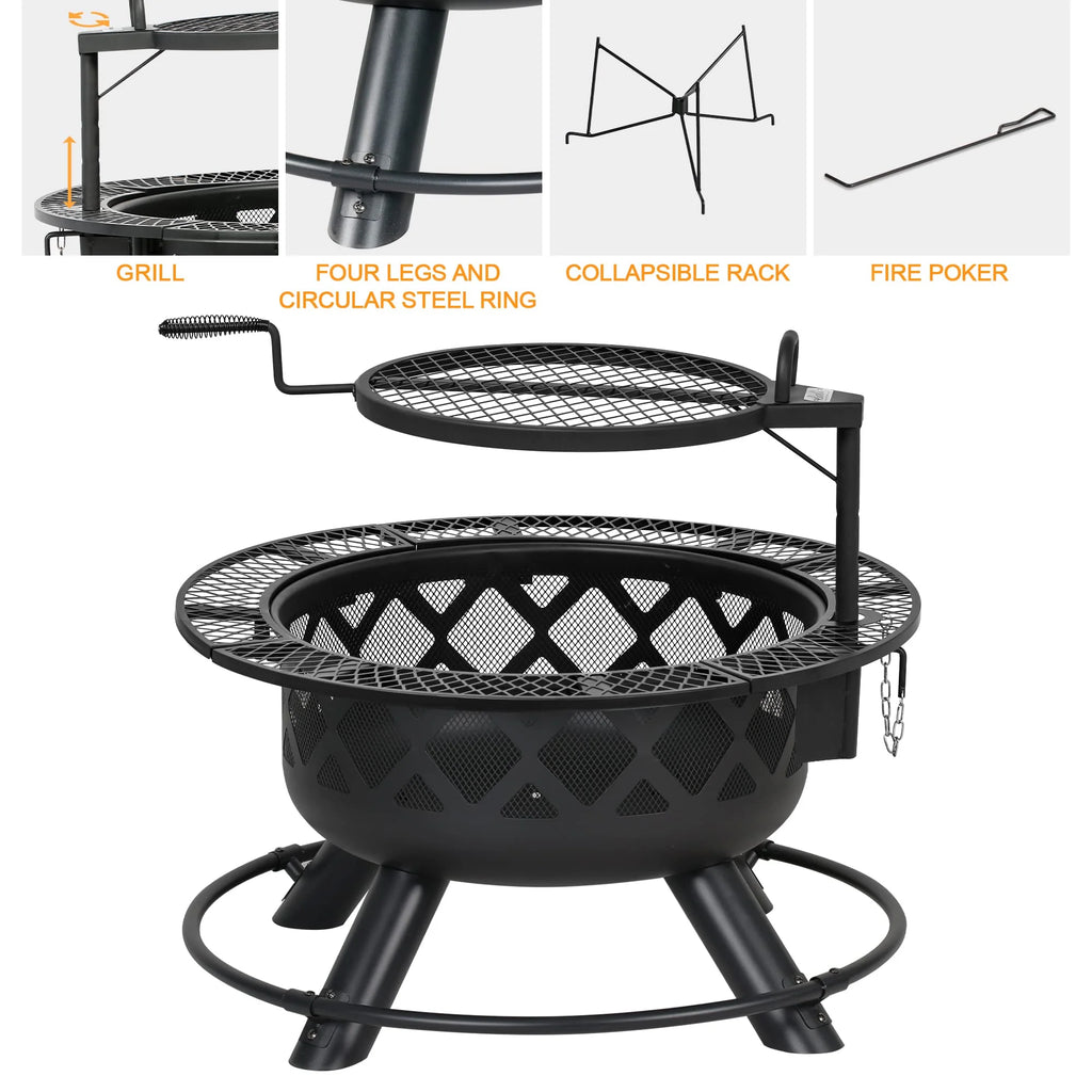 BALI OUTDOORS Wood Burning Fire Pit, 32 Inch Outdoor Backyard Patio Fire Pit with 18.7 Inch Cooking Grill Grate, Black
