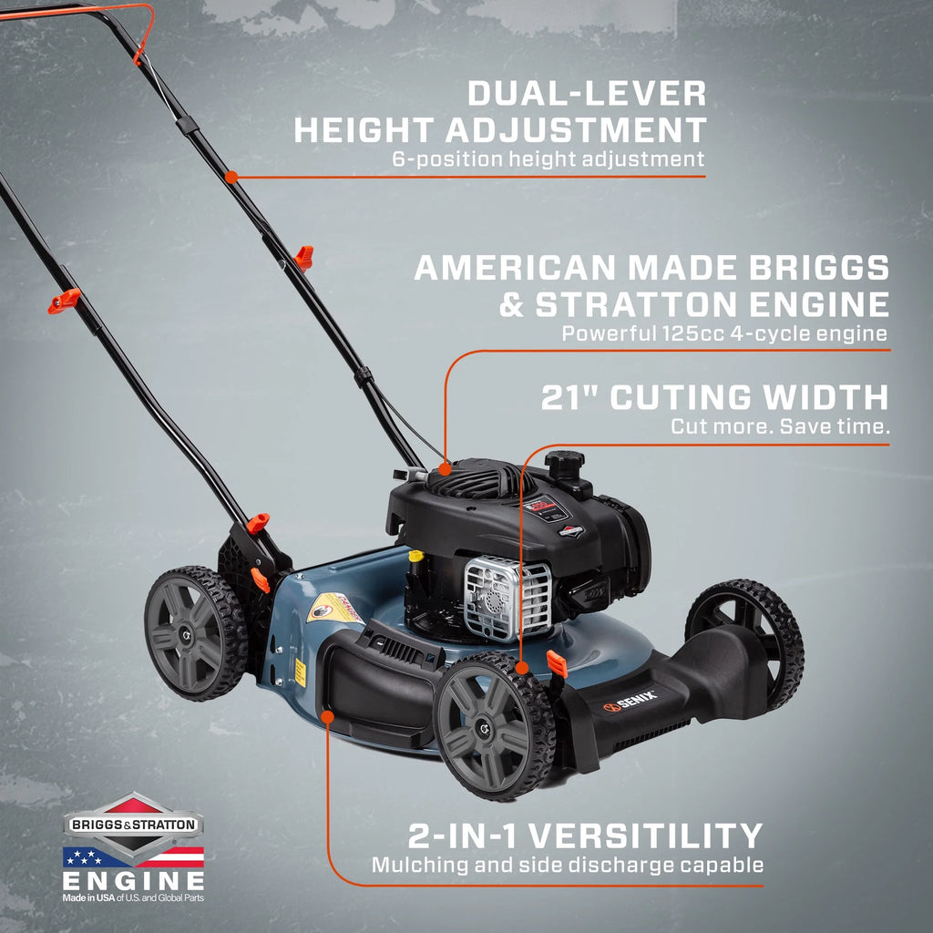 SENIX 21-Inch Push Lawn Mower, 125 cc 4-Cycle Gas Powered, Mulch & Side Discharge, Dual Lever Height Adjustment, LSPG-M3