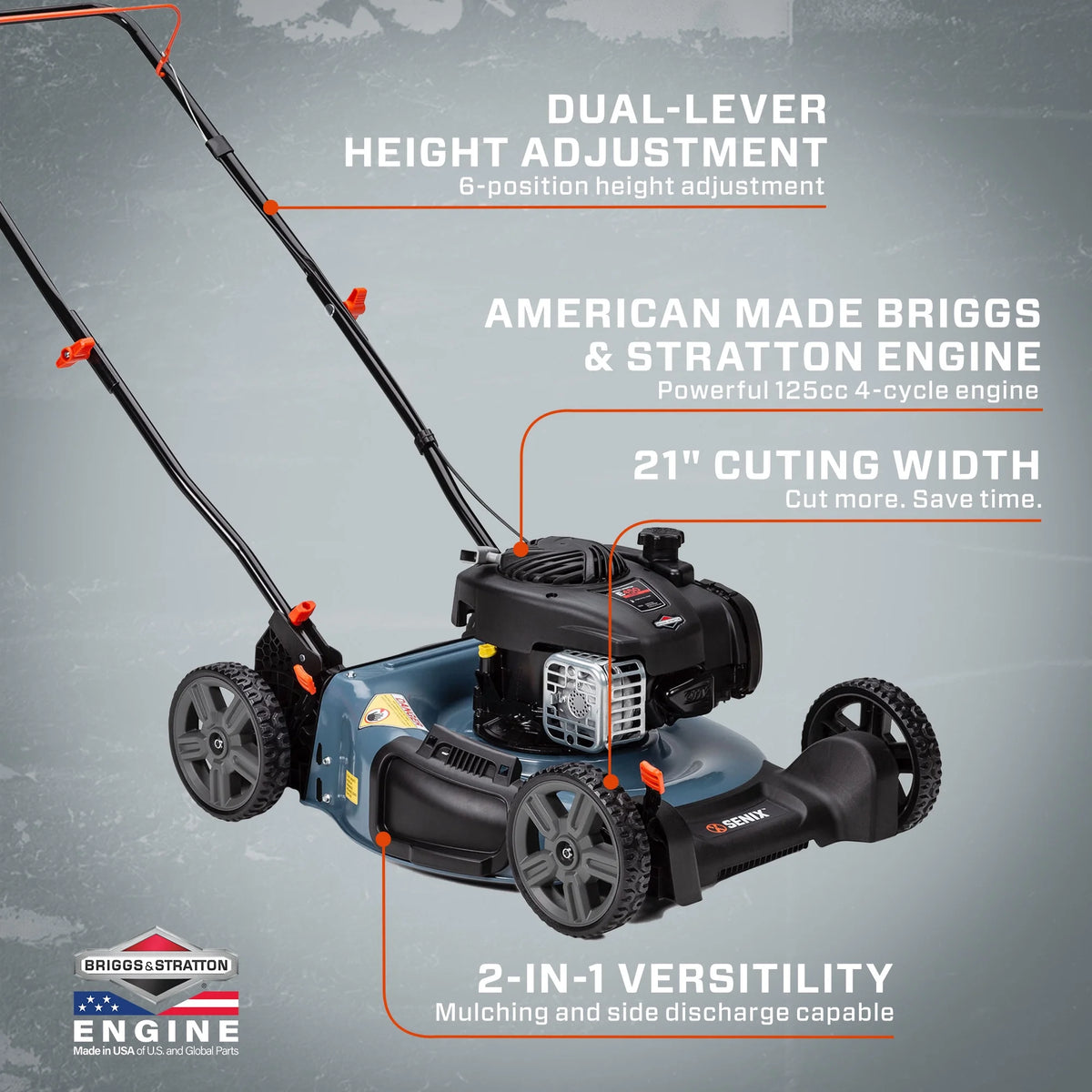 SENIX 21-Inch Push Lawn Mower, 125 cc 4-Cycle Gas Powered, Mulch & Side Discharge, Dual Lever Height Adjustment, LSPG-M3