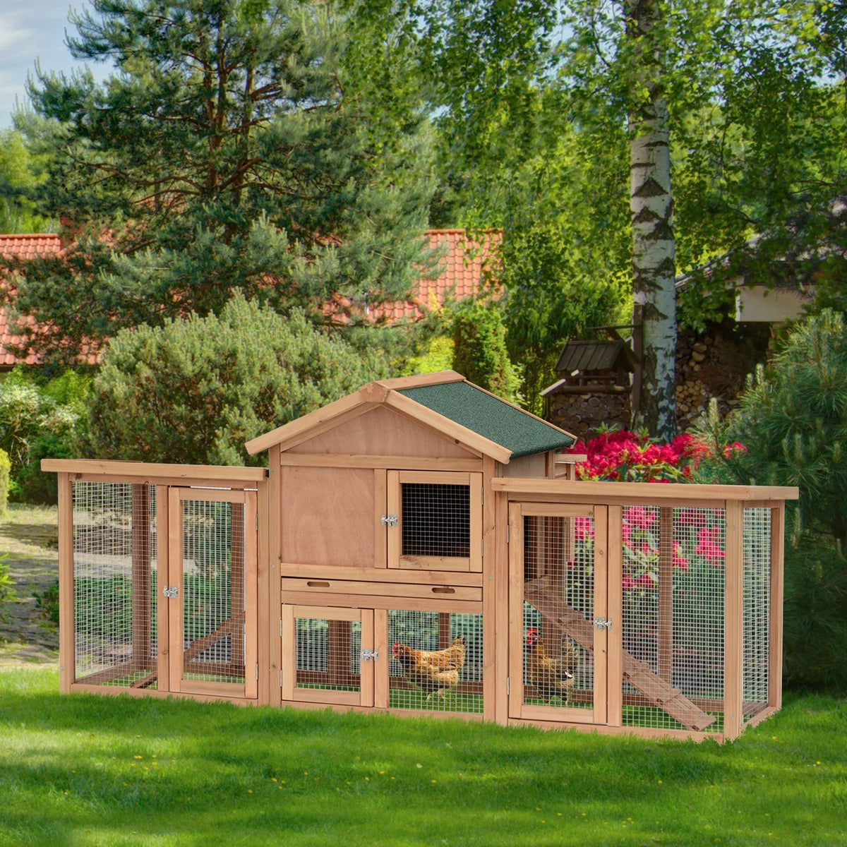 PawHut 80 Chicken Coop, Wooden Outdoor Chicken Cage Poultry Hen House with Nesting Box, Double Runs, Removable Tray, Ramps, for Garden Backyard