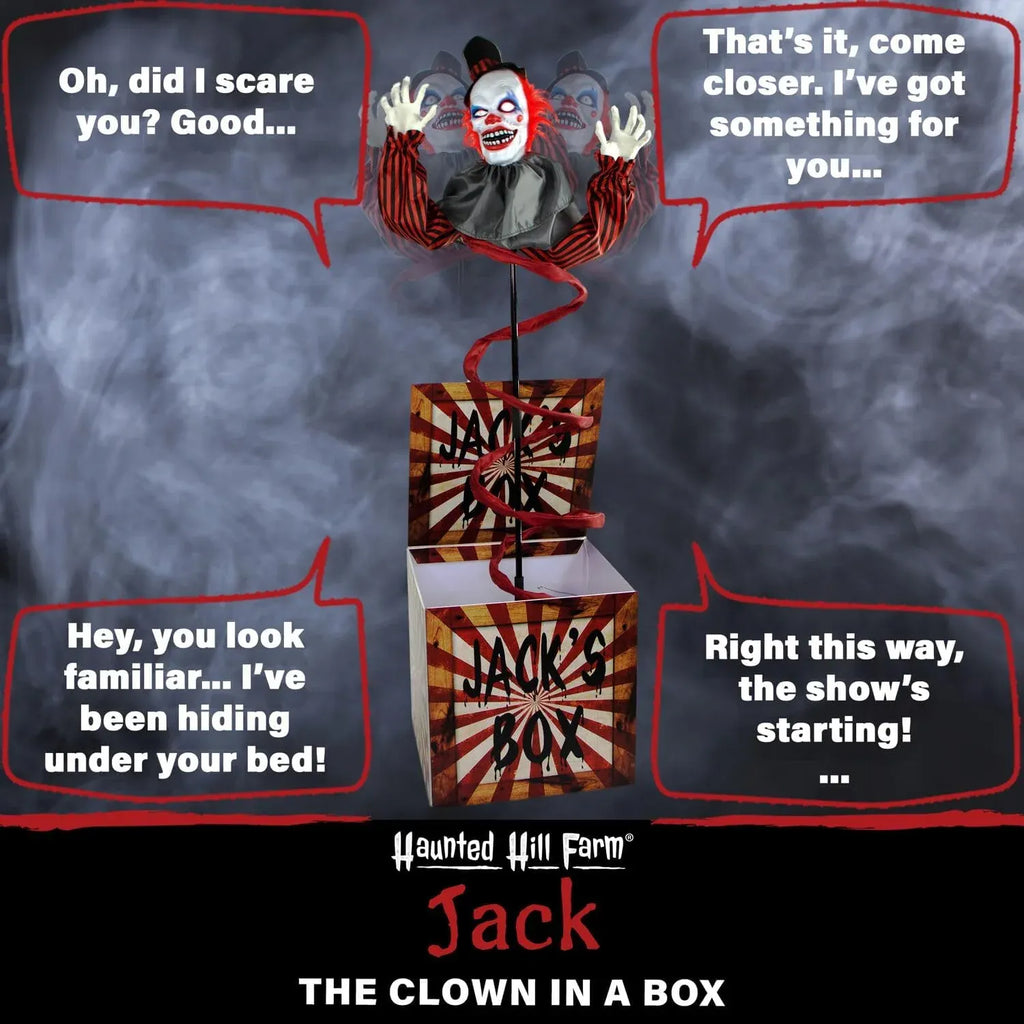 Haunted Hill Farm Life-Size Talking Clown Jack in The Box, Halloween Animatronic with Motion and Touch Activated Lights and Sounds, Battery Operated Indoor or Covered Outdoor Halloween Decorations