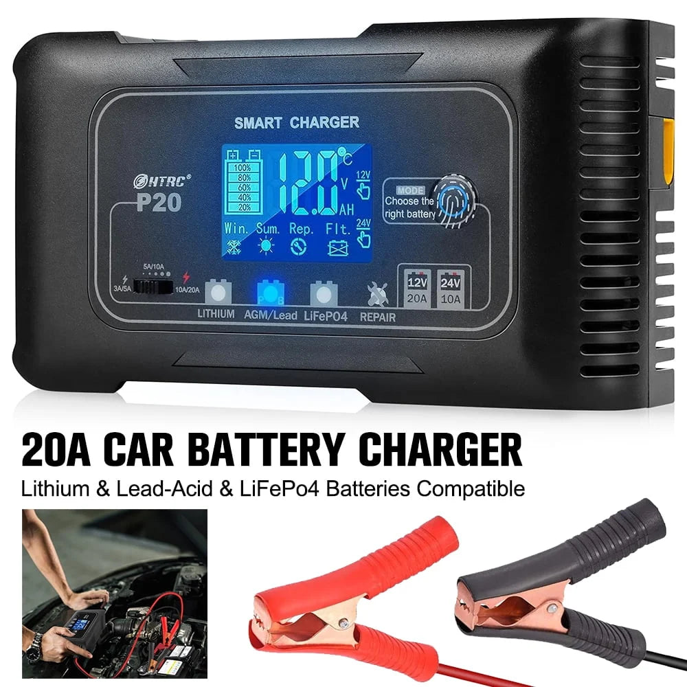 20-Amp Smart Battery Charger,Lithium,LiFePO4,Lead-Acid(AGM/Gel/SLA..) Car Battery Charger,Trickle Charger, Maintainer/deep Cycle Charger,12V/20A and 24V/10A,for Boat,Motorcycle,Lawn Mower,Golf