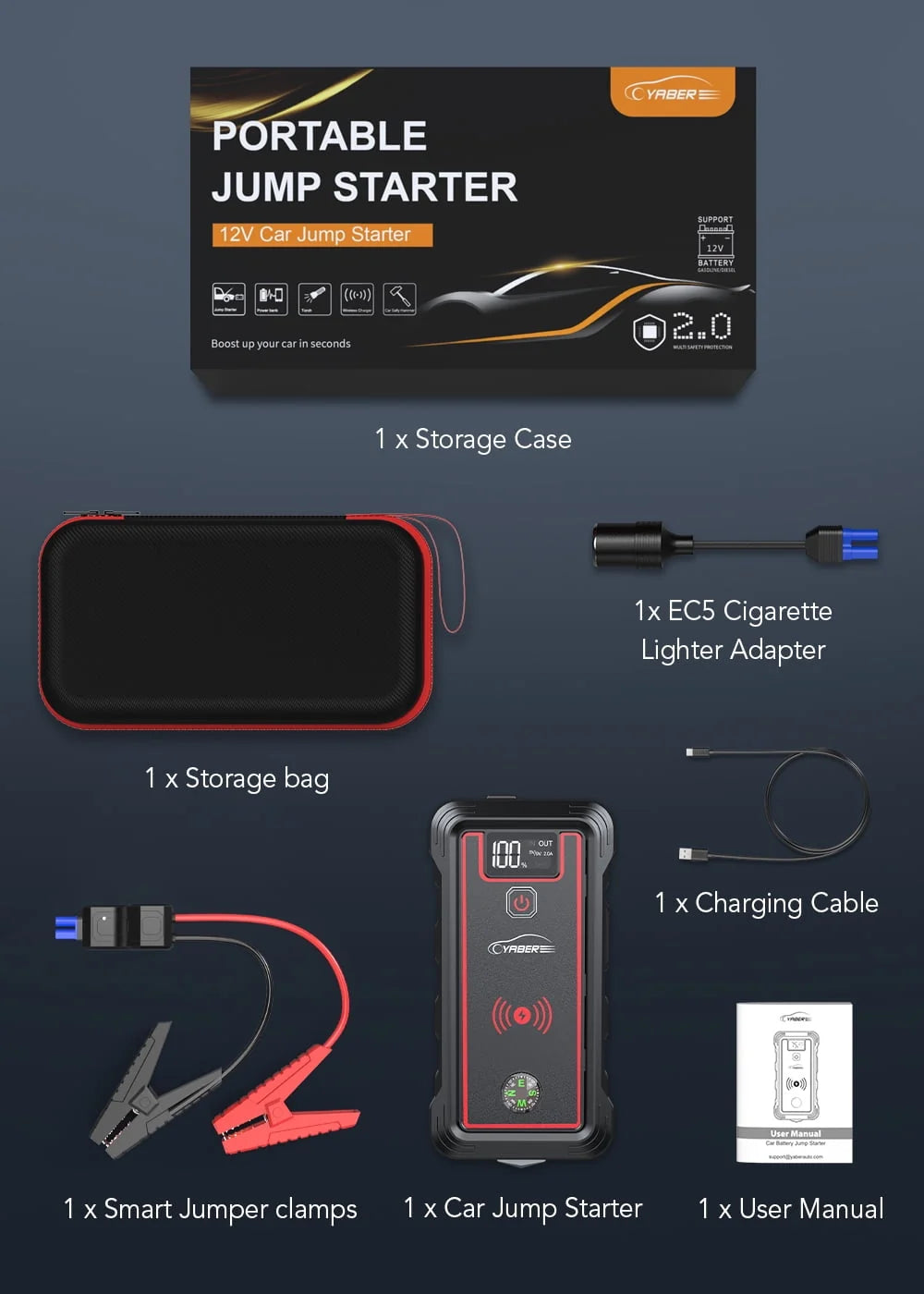 Car Jump Starter 4000A 23800mAh Auto Booster(All Gas or 8.0L Diesel) Wireless Charger YABER