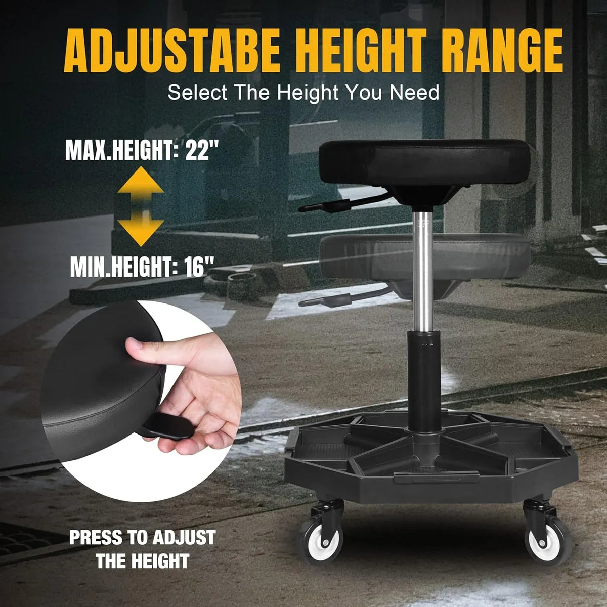 Rolling Garage Seat Adjustable Pneumatic Shop Creeper Seat 300Lbs Mechanic Stool with Wheels and Removable Tool Tray Storage Workshop Chair for Auto Repair