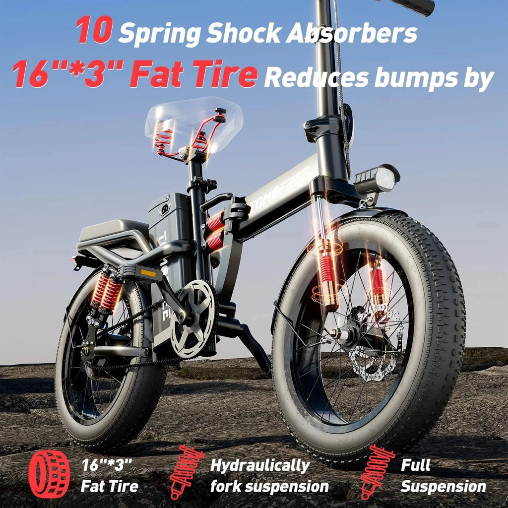 T1 Electric Bike for Adults 1200W Motor, 31MPH, 48V 20AH Folding E-Bike,16 * 3 Tire Mountain Snow Bike LED Display 330lbs Load Capacity - Tomofree Black