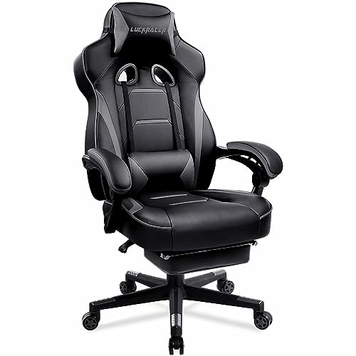 LUCKRACER Computer Gaming Chair with Footrest, Ergonomic Big and Tall Gamer Chair PU Leather Swivel Lumbar Support Racing Style E-Sports Game Chairs by GTRACING (Black)