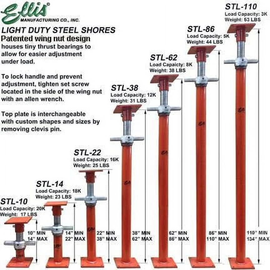 Ellis Manufacturing Company - Light Duty Steel Lifting Shores - 10 - 14 Adjustment Range - 20,000 lb Safe Load Capacity