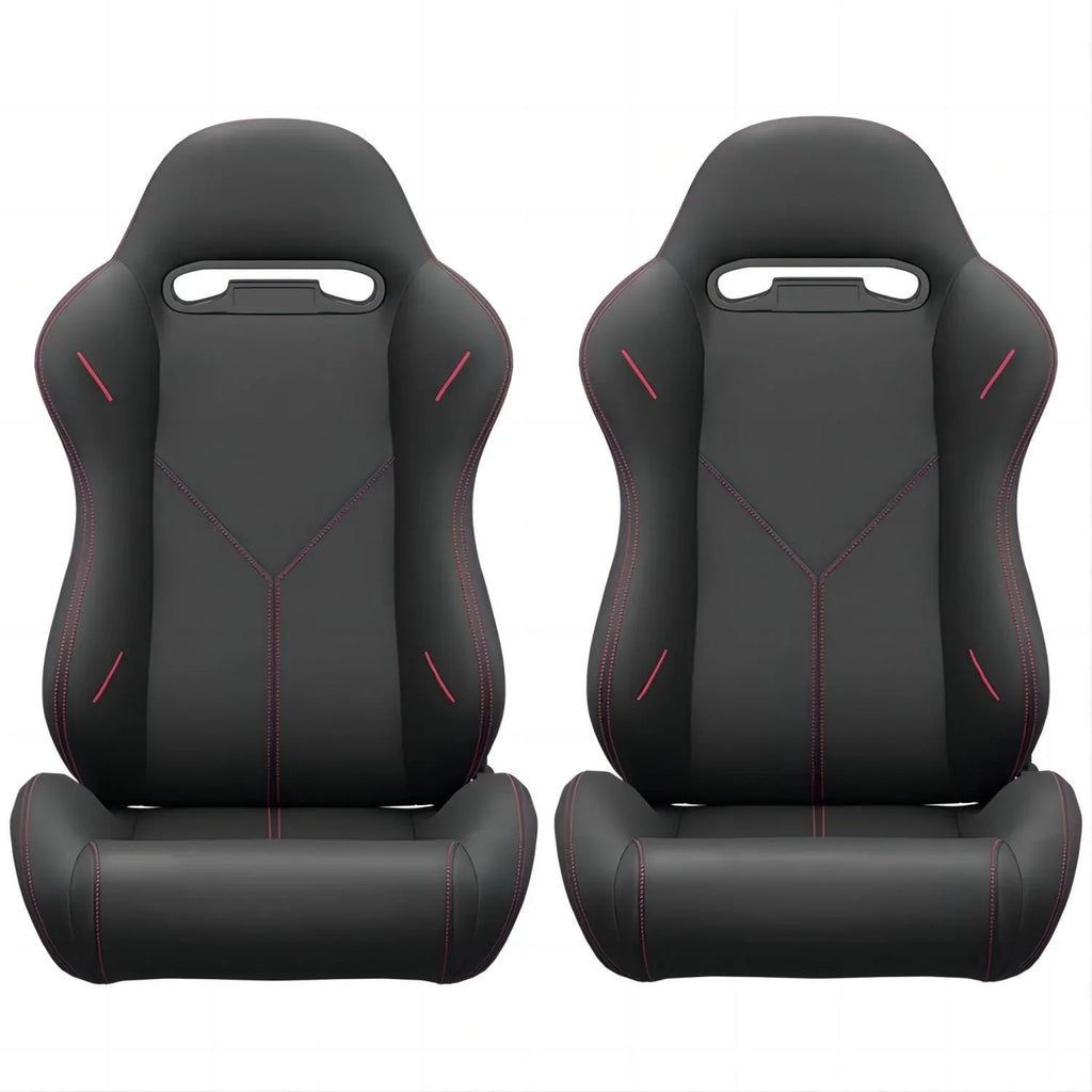 DEALTOPS 2PC Universal Bucket Racing Seats Red Stitch Red PVC Leather Reclinable Carbon Look Leather Back With Adjustor Slider(Not Including Seat Bracket )