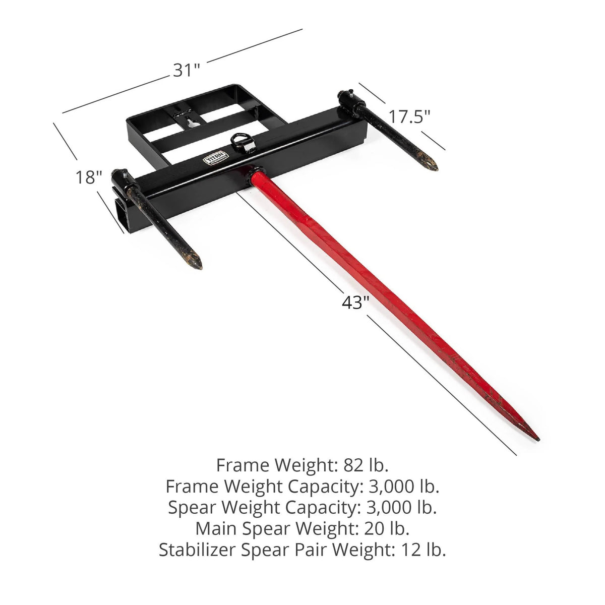 Titan Attachments 43 Hay Bale Spear Attachment with Stabilizer Spears, Universal HD Front Skid Steer Tractor Loader Bucket Attachment, 3000 LB Capacity