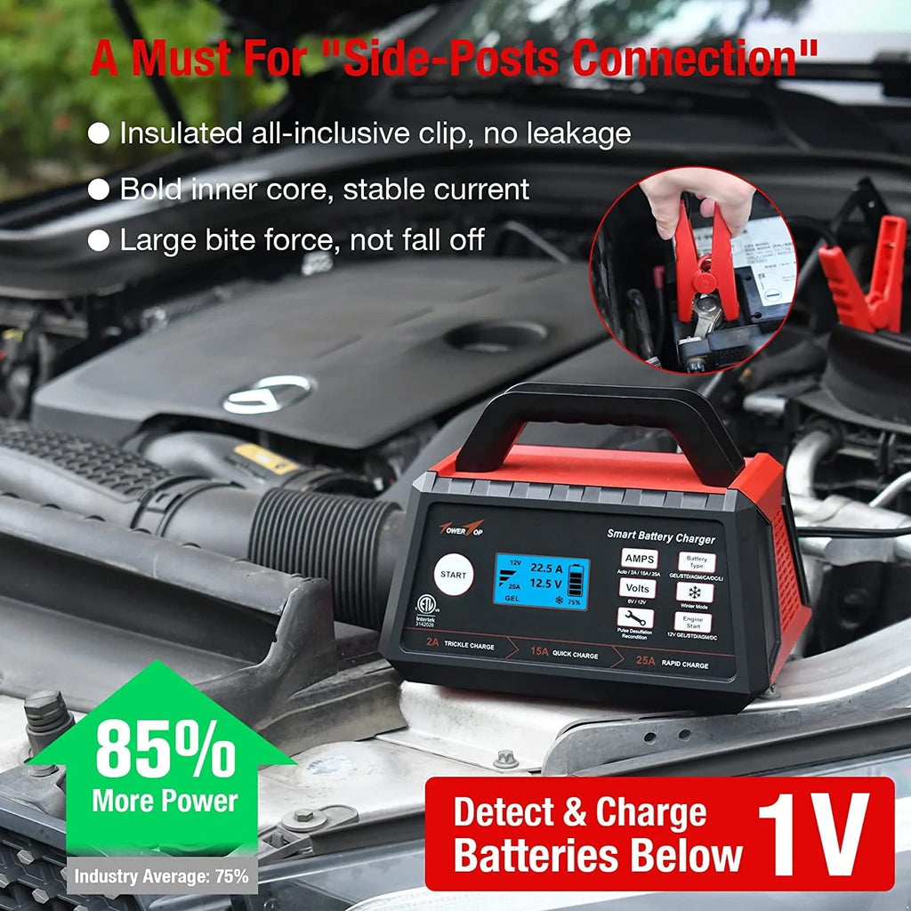 TowerTop 2/15/25A Battery Charger, 6V/12V Fully Automatic Smart Trickle Charger, Automotive Car Battery Maintainer for Lead-Acid and LiFePO4 Lithium Batteries
