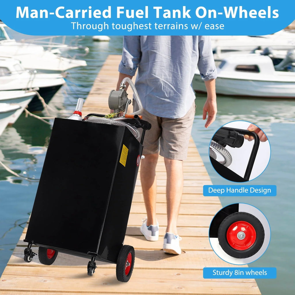 Fuel Caddy, 30 Gallon Portable Gas Storage Tank On 4 Wheels with Manual Transfer Pump, Gasoline Diesel Fuel Container with Manual Transfer Siphon Pump, for Cars, Lawn Mowers, ATVs, Boats