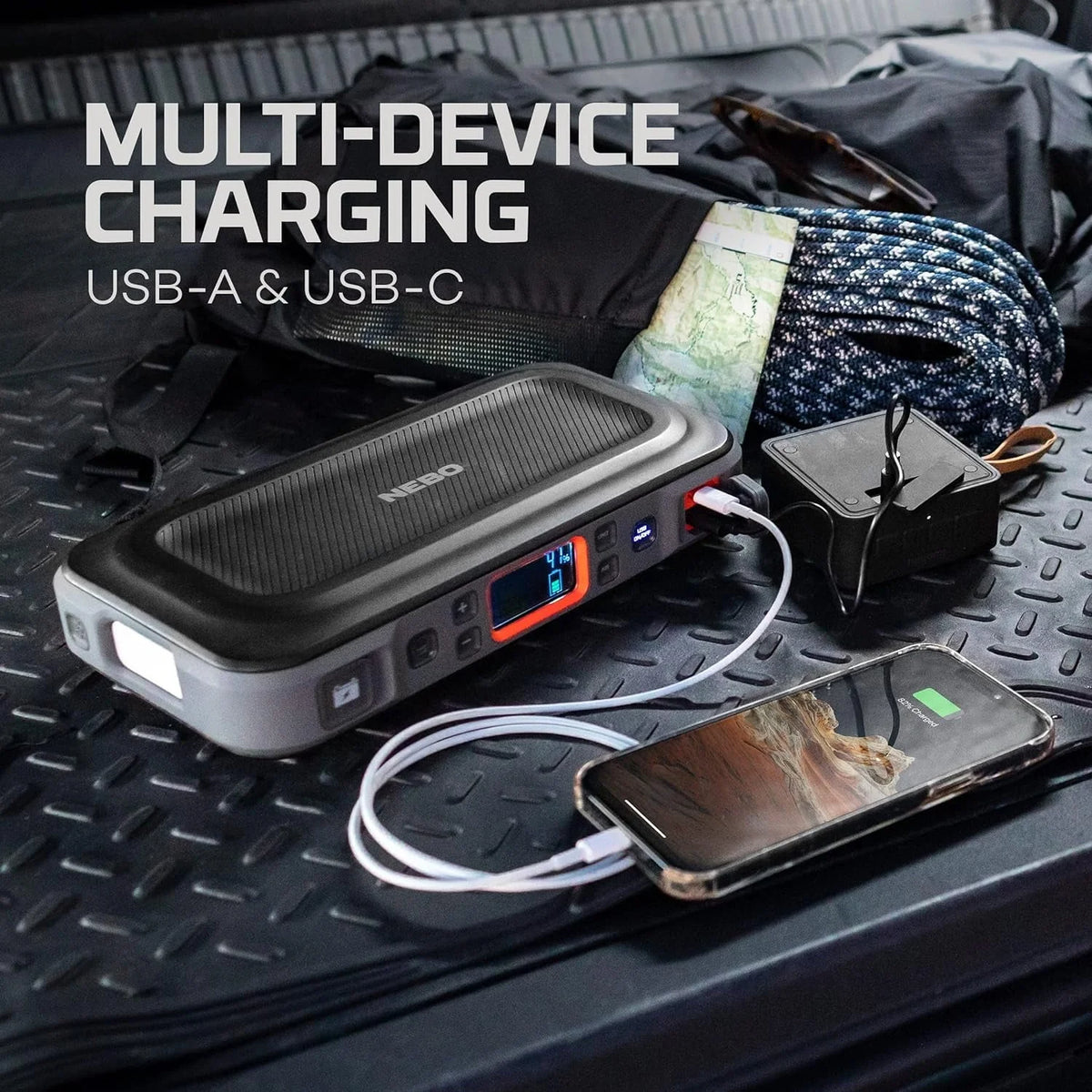 NEBO 4-in-1 Assist Air Jump Starter, Portable Car Battery Charger, Emergency USB Power Bank with Tire Pump, Interchangeable Air Nozzles, 310 Lumen Floodlight