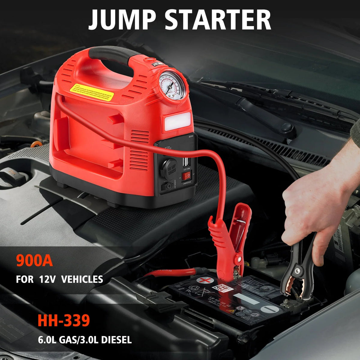 Tyrell Chenergy 12V Car Battery Jump Starter with Air Compressor, 750 Peak/350 Instant Amp Power Station Jump Box, Car Battery Booster with USB DC Power Port Outlet for Truck