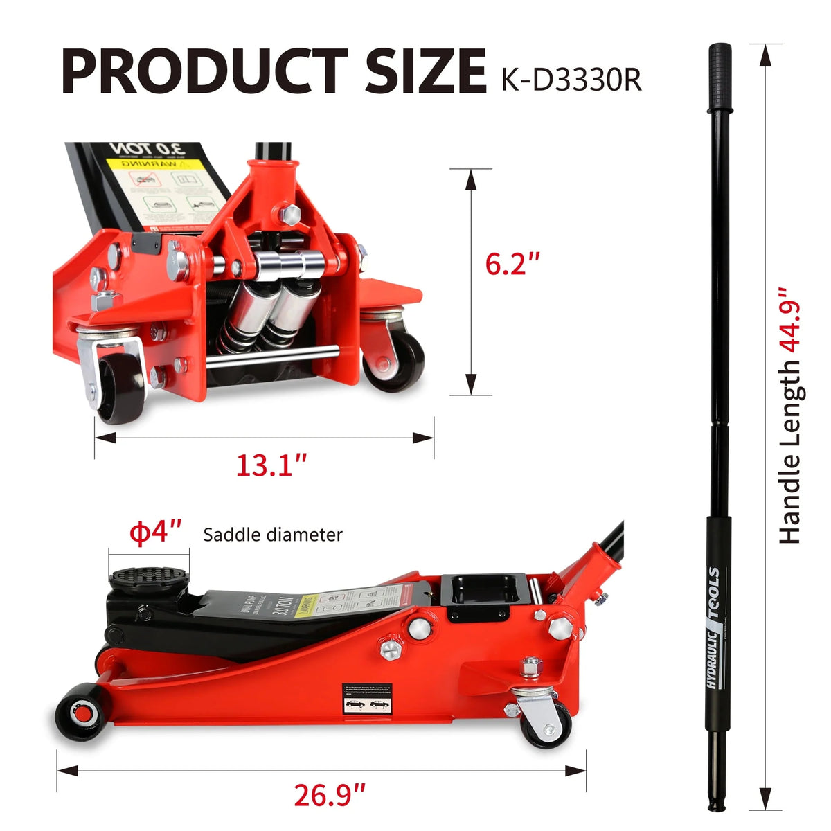 DSstyles 3 Ton Hydraulic Floor Jack Dual Pump 6600 Lb Capacity Lifting Range 3.3-18.5 Low Profile Service Jack for Quickly Car Lift