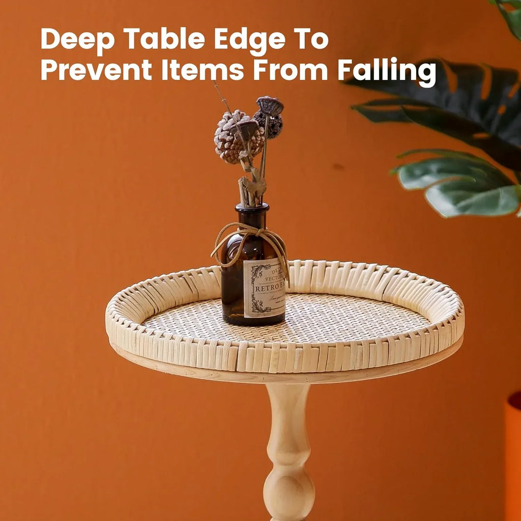 Drink Tableï1⁄4Rattan Round Small Side Table for Small Spaces, Boho Circle End Table Coffee Table with Solid Wood Leg for Living Room, Pedestal Table for Bedroom, Corners