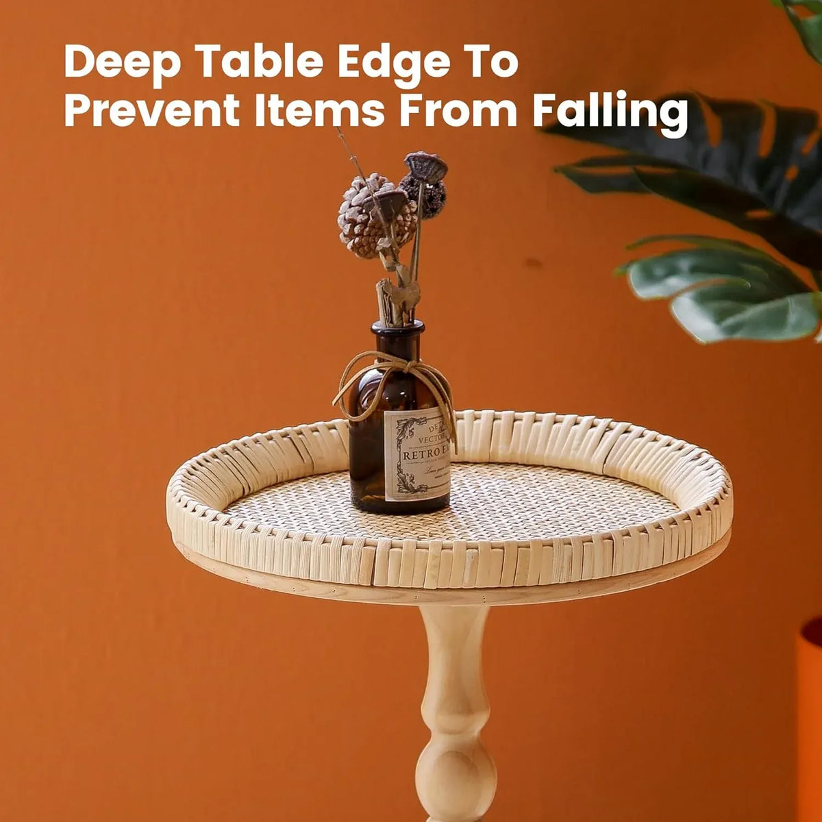 Drink Tableï1⁄4Rattan Round Small Side Table for Small Spaces, Boho Circle End Table Coffee Table with Solid Wood Leg for Living Room, Pedestal Table for Bedroom, Corners