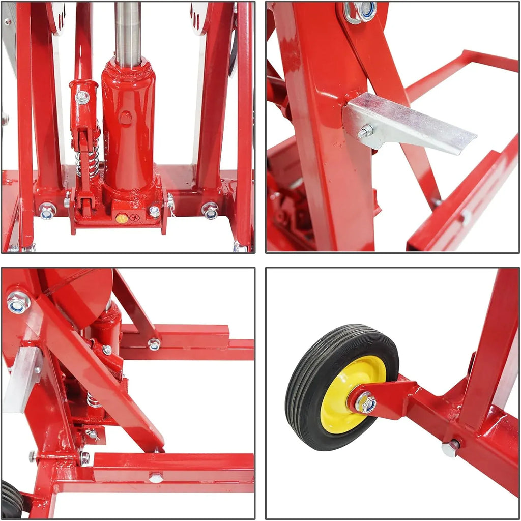 Garvee Hydraulic Lawn Mower Lift Jack, 550 Lb Capacity, Heavy Duty Steel Tractor Lift with Adjustable Wheel Span, Up to 23 Lifting Height for Zero Turn, Riding Mowers, Lawn Tractors, Red