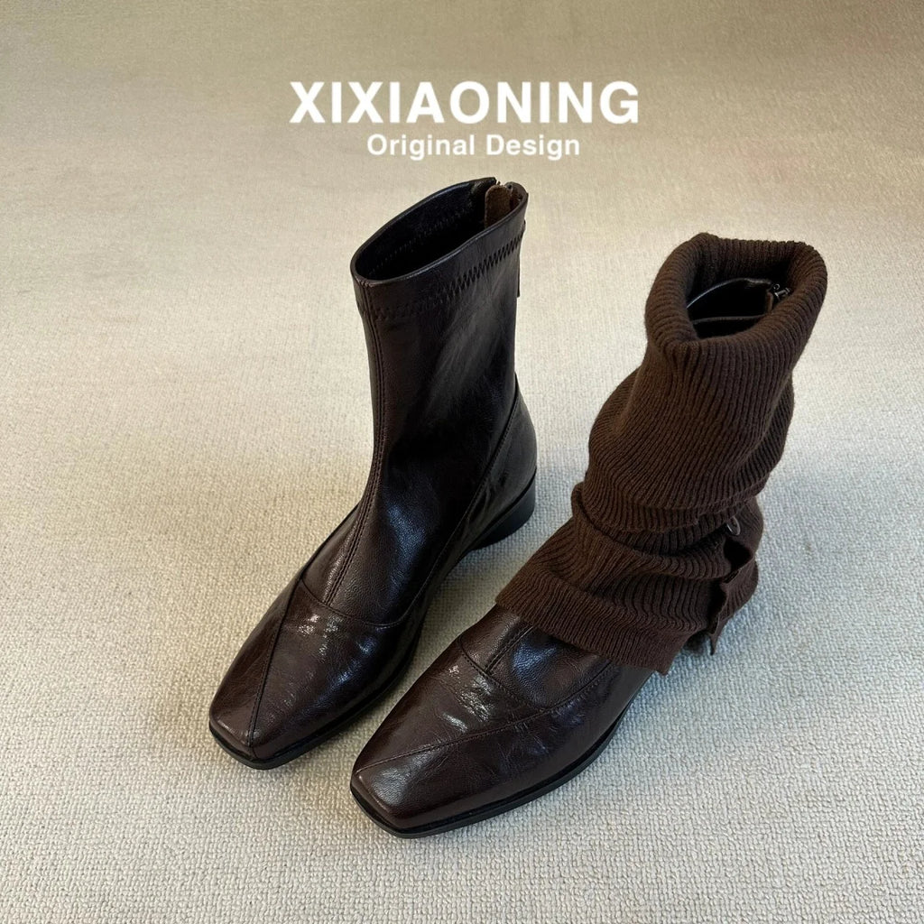 Women French Retro Slim Ankle Boots, Genuine Leather Back Zipper Stretch Boots, Elegant Slimming Block High Heel Short Boots