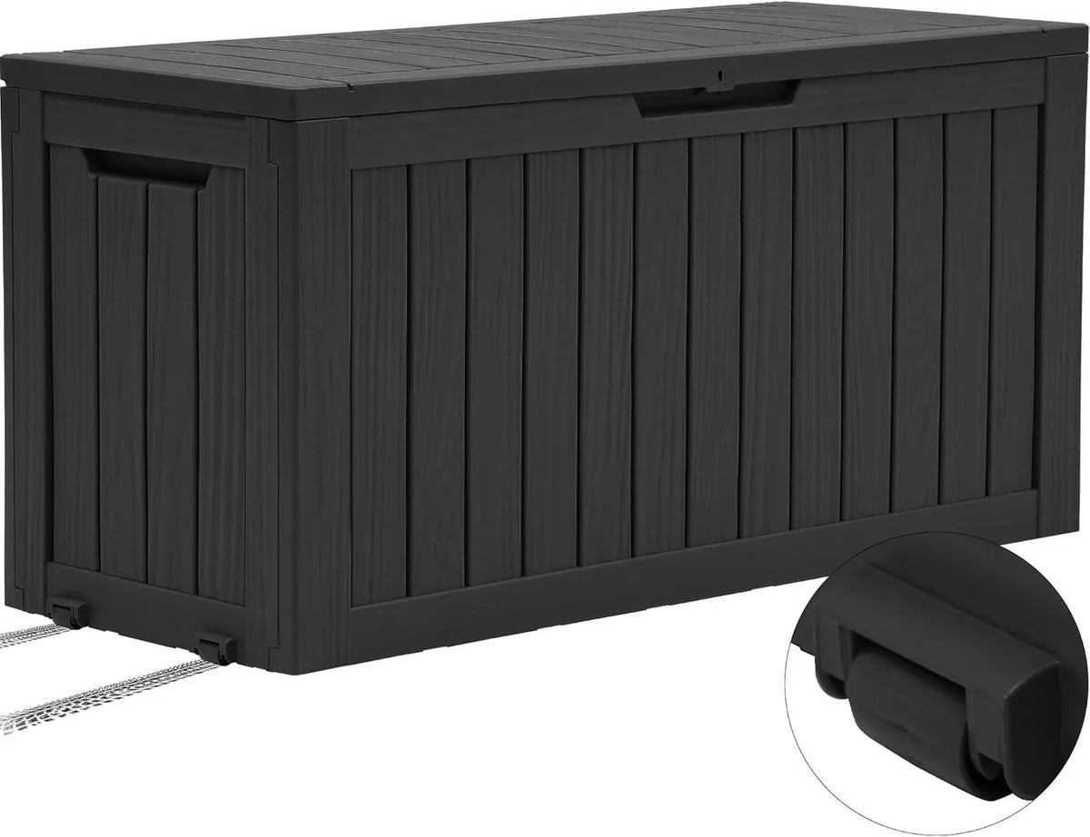 120 Gallon Outdoor Storage Deck Box with Cushion, Large Resin Patio Storage for Outdoor Pillows, Garden Tools and Pool-Supplies, Waterproof, Lockable (Taupe)