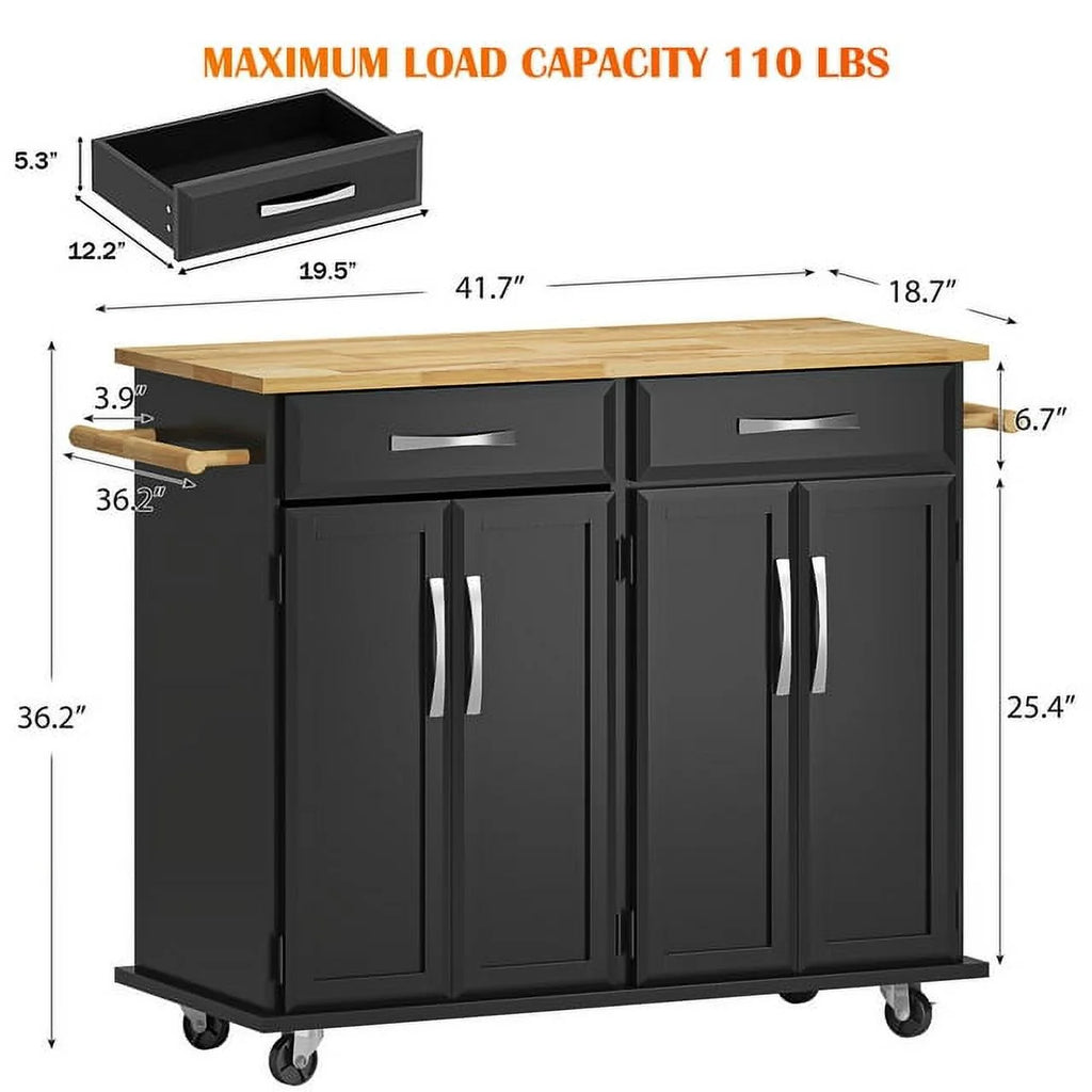 Soges 41.5 Kitchen Island Rolling Island Cart with Hidden Cabinet, Adjustable Shelves, and Towel Rails, Black