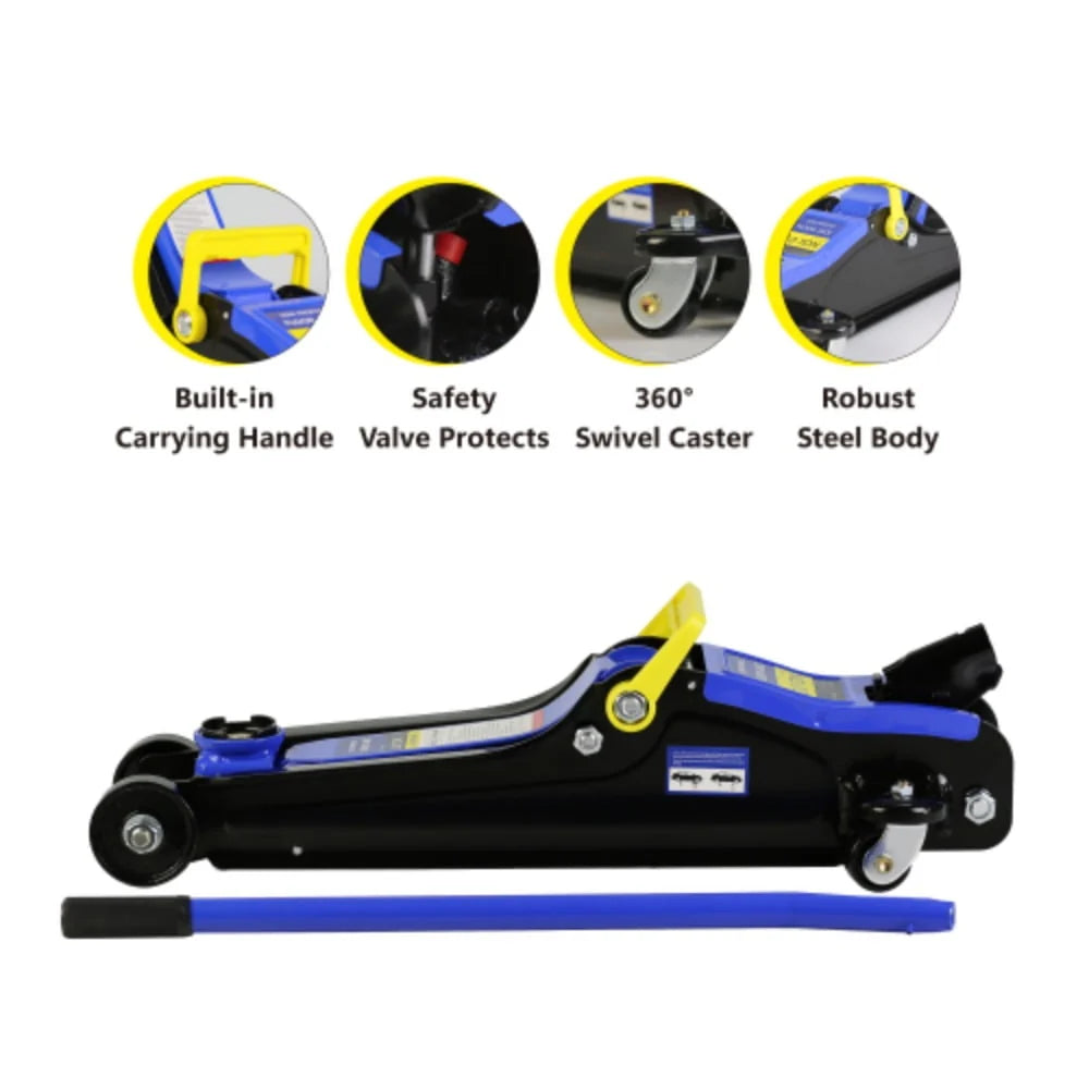 Floor Jack, 2 Ton Low Profile Floor Jack, Heav yDuty Steel Racing Floor Jack with Single Piston QuickLift Pump, Floor Jack Black+Blue + Steel + 2T Single pump + Lifting range 3.3-15.2