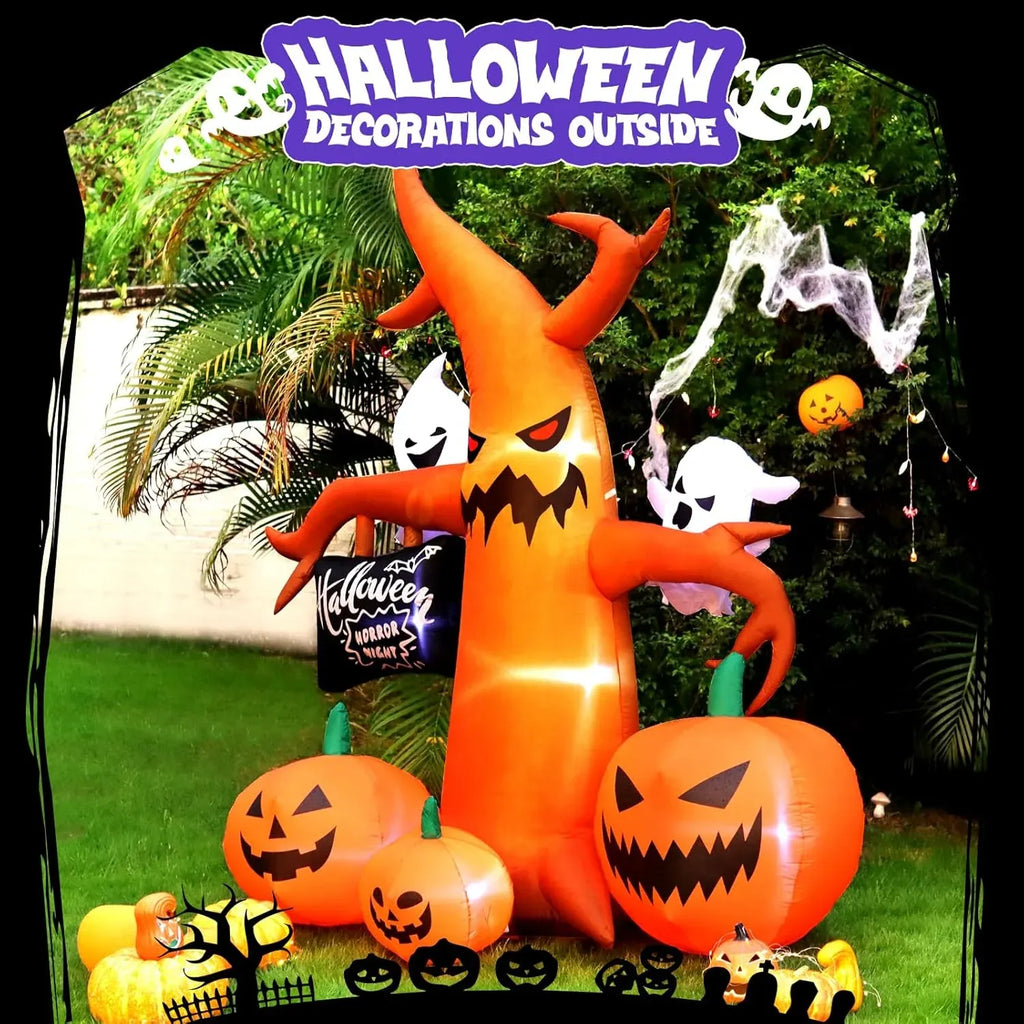 Halloween Inflatables Large Outdoor Decorations: 8FT Spooky Halloween Tree Decor with Blow up Ghosts, Pumpkins Built-in LED Lights for Halloween Party Outside Lawn Yard Decoration