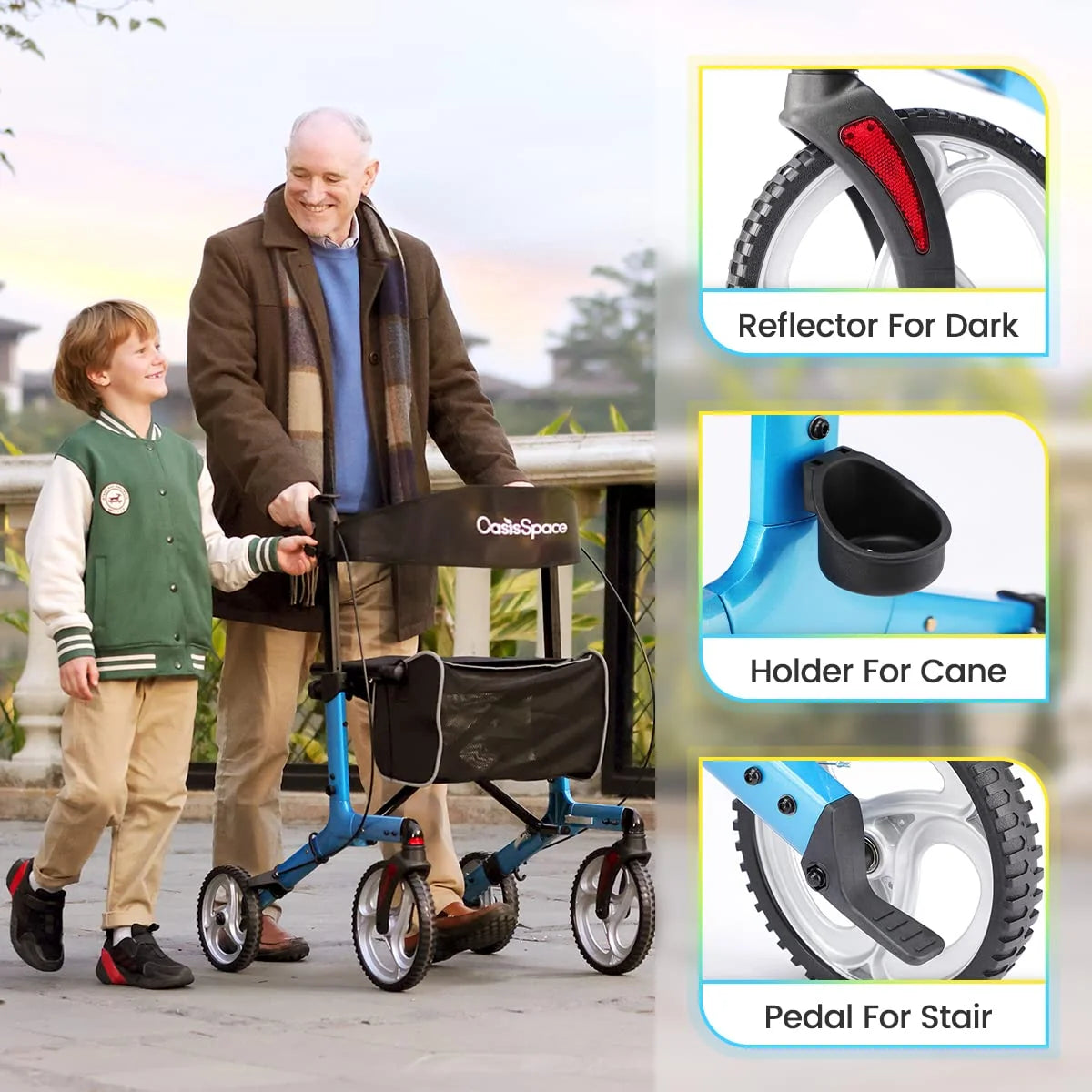 OasisSpace Lightweight Rollator Walker with Seatuff0cBlue Rollator Walker with Seat and Gear Wheels,Walker Supports up 300 lbs,Rolling Walker with Comfort Handles and Thick Backrest (Blue))