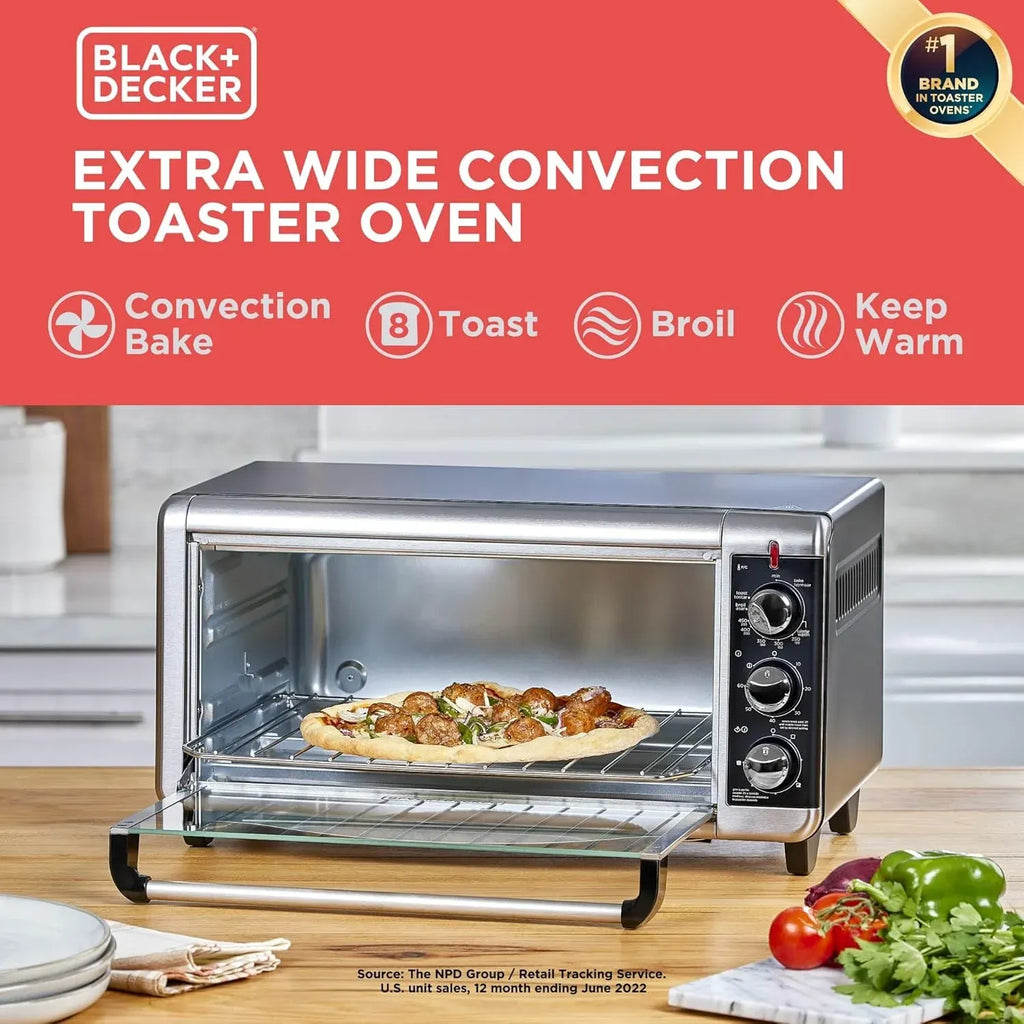 BLACK+DECKER 8-Slice Extra Wide Convection Toaster Oven, Fits 9x13 Oven Pans and 12 Pizza, Bake, Toast, Broil, and Keep Warm Functions, Countertop Compact Design with Stainless Steel Finish