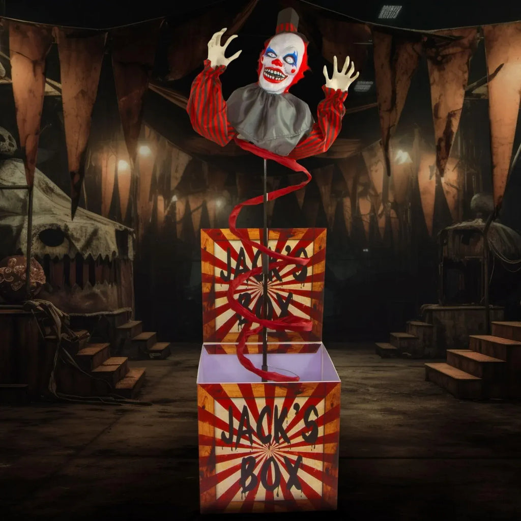 Haunted Hill Farm Life-Size Talking Clown Jack in The Box, Halloween Animatronic with Motion and Touch Activated Lights and Sounds, Battery Operated Indoor or Covered Outdoor Halloween Decorations
